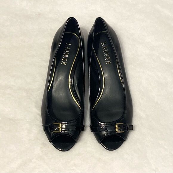 Lauren Ralph Lauren Black Leather Madison Wedge Peep Toe Heels Size 8 - Picture 1 of 8